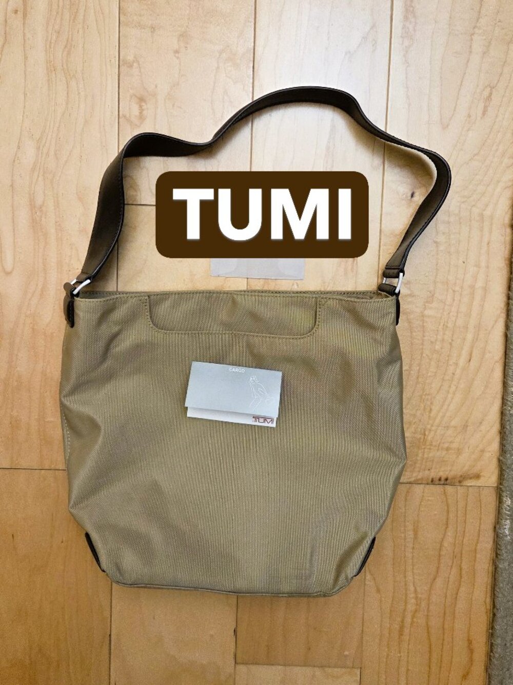 TUMI Cargo Leather Strap Canvas Tote Bag Tan Beige 2 Pockets Keyholder Zip